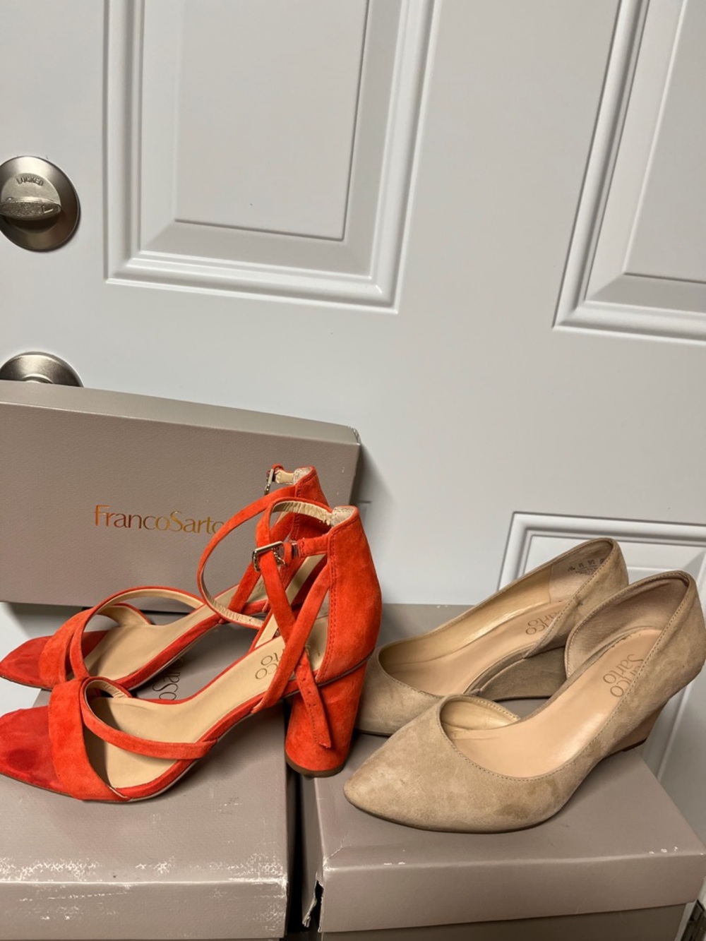 2 pairs Franco Sarto Orange Suede Ankle-Strap Pump sandals/cream suede wedges. - Picture 3 of 6